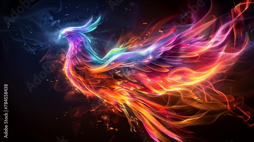 Vibrant mythological firebird phoenix in flight on dark background