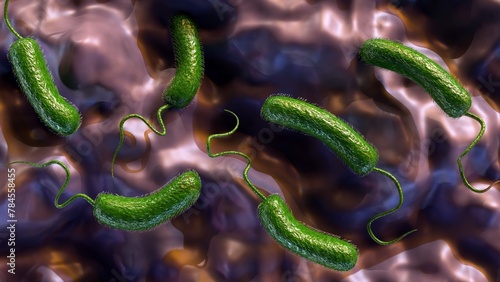 3D rendering of Vibrio vulnificus, is a bacterium that causes septicemia, severe wound infections, and gastroenteritis photo