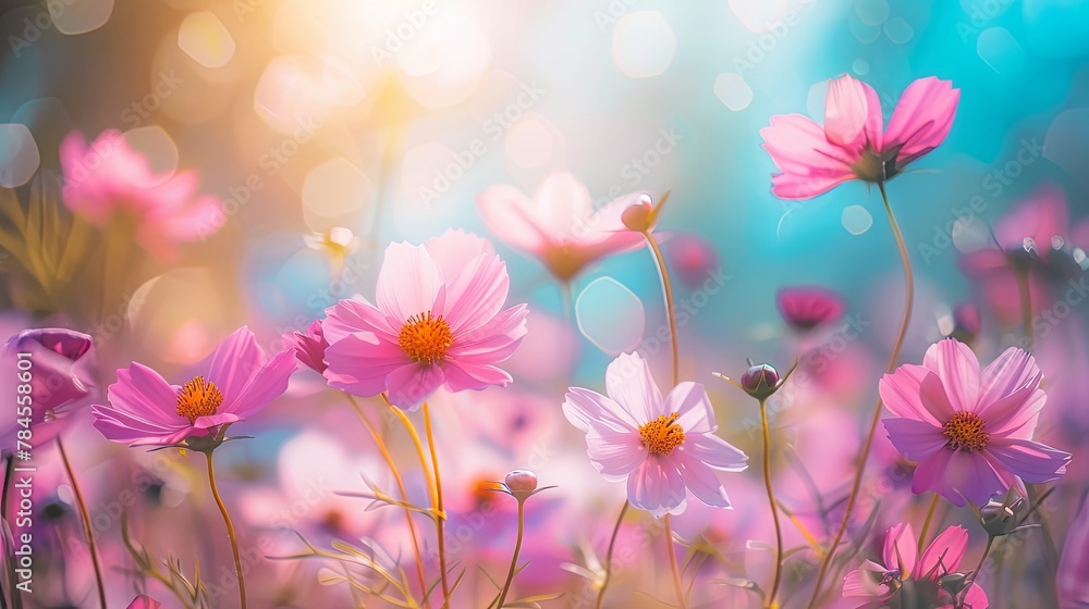 Serene pink cosmos flowers blooming in whimsical garden light