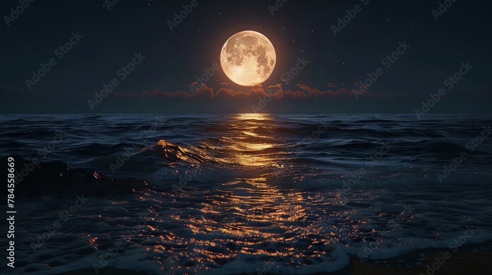 Tranquil moonlit night over calm ocean waves - obrazy, fototapety, plakaty 