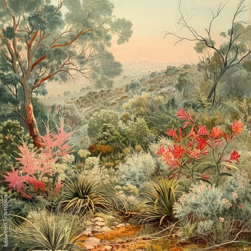 A vintage illustration depicting a serene Australian landscape with native plants such as eucalyptus trees  flowering shrubs  and grasses  set against a backdrop of rolling hills.