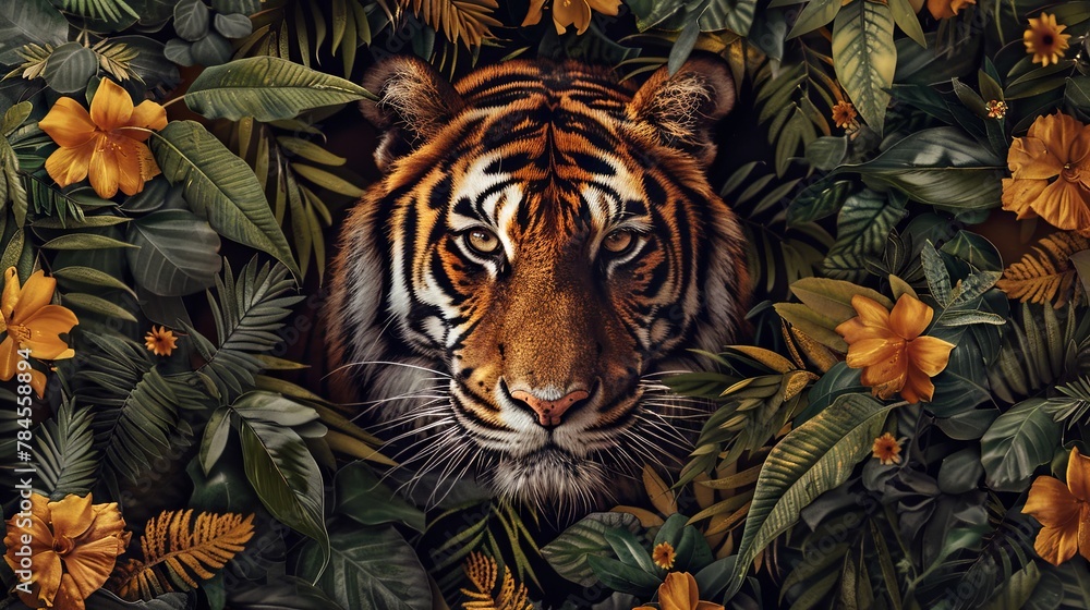 Majestic tiger amidst lush tropical foliage