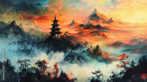 Enchanting Asian mountain landscape with traditional pagoda at sunset