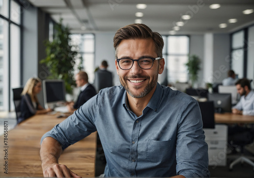 young business man wearing glasses smiling in his office