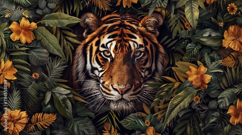Majestic tiger amidst lush tropical foliage