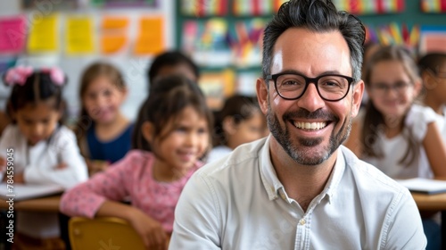 Portrait of smiling male teacher in a class at elementary school looking at camera with learning students on background © Usman