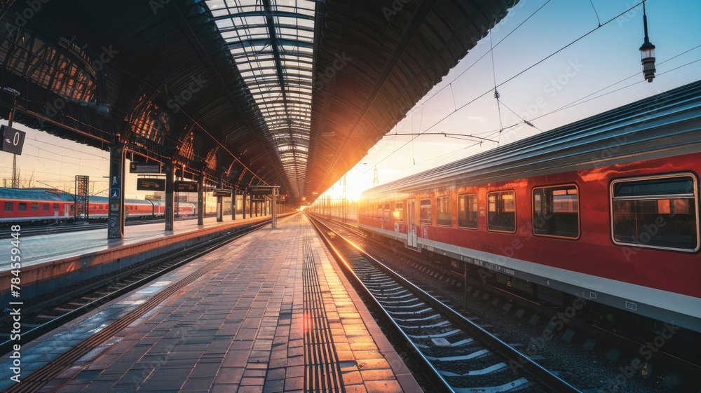 Gorgeous station with a high-speed, red commuter train that moves quickly with a motion blur effect during a vibrant sunset in Nuremberg, Germany. The railroad has an antique tone.