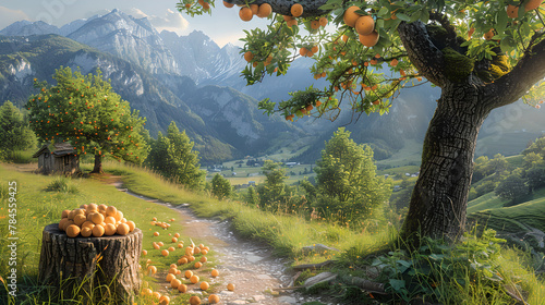 Picturesque Orange Orchard Overlooking Mountain Village, Generative AI