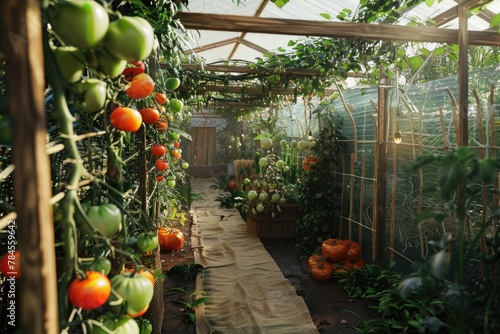 Interior of a vegetable greenhouse with tomatoes