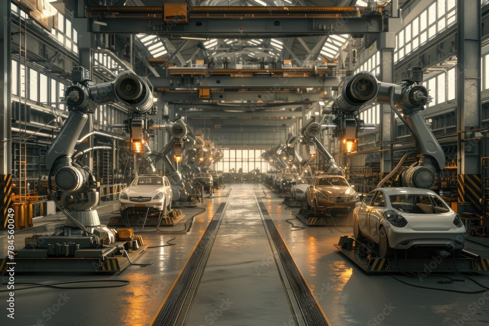 Interior of a modern factory with robotic arms building a car