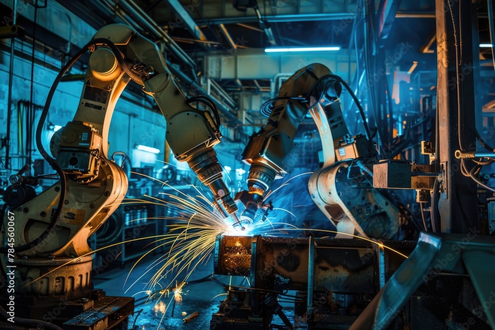 Interior of a modern factory with robotic arms welding Interior of a modern factory with robotic arms welding