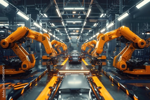 Interior of a modern factory with robotic arms building a car