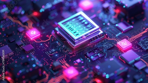 An image of a quantum computer, a large database, an isometric banner of CPUs, and a digital chip. photo