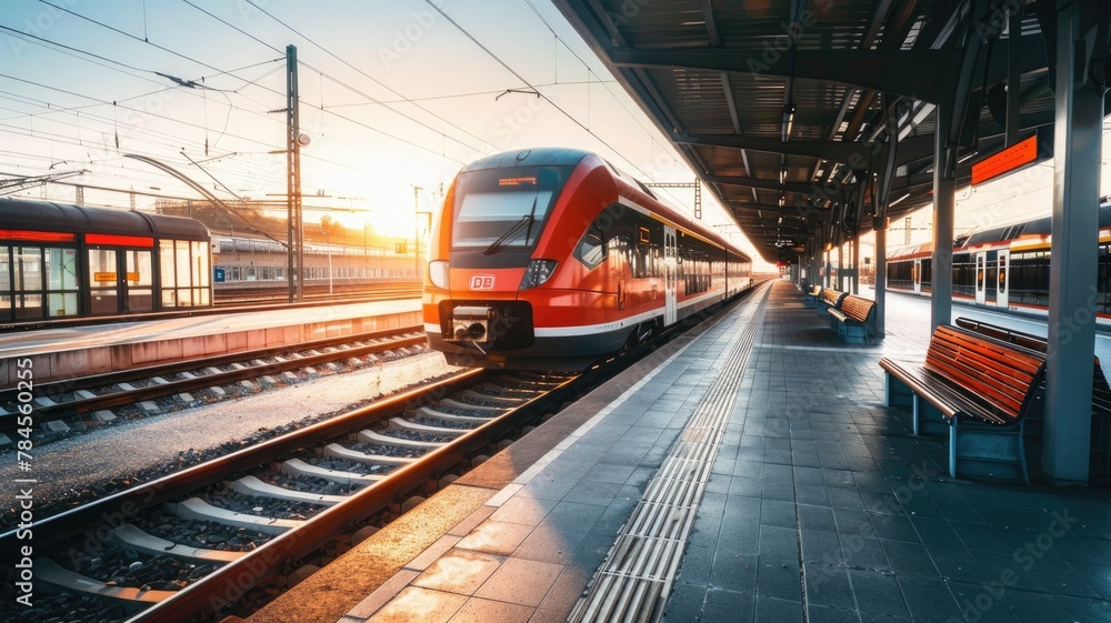 Fototapeta premium Gorgeous station with a high-speed, red commuter train that moves quickly with a motion blur effect during a vibrant sunset in Nuremberg, Germany. The railroad has an antique tone.