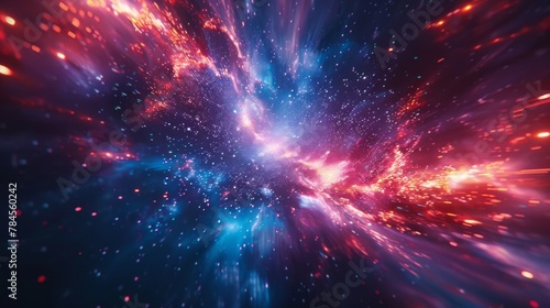 Blue and red neon glow abstract background. Speed of light in galaxy. Explosion in universe. Space background for event, party, carnival, celebration, anniversary or other.