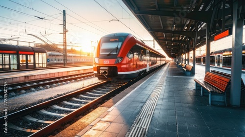 Gorgeous station with a high-speed, red commuter train that moves quickly with a motion blur effect during a vibrant sunset in Nuremberg, Germany. The railroad has an antique tone.