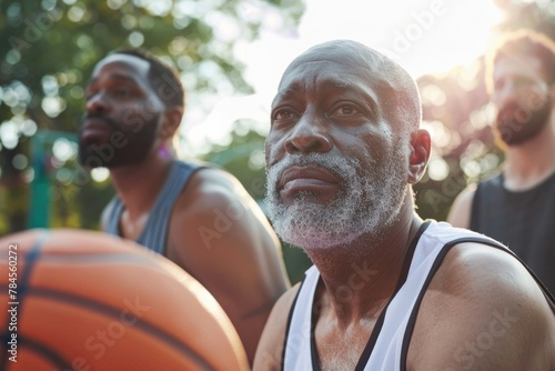 Middle aged men playing basketball in the park photo