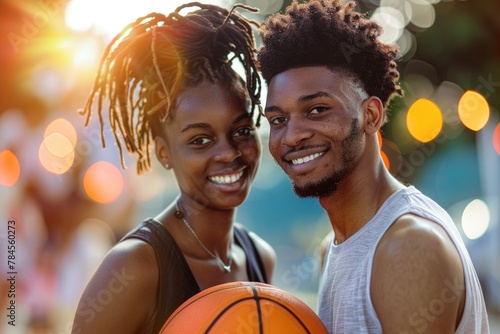 Portrait of a young couple playing basketball outdoors