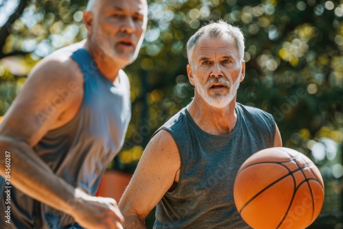Middle aged men playing basketball in the park
