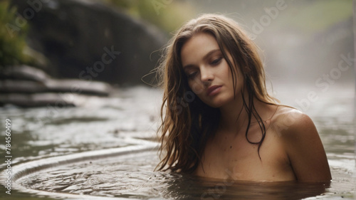 Beautiful young woman relaxing in the outdoor thermal bath 