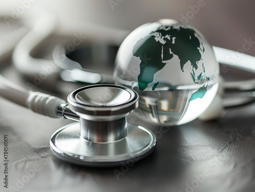 A close-up of a glass globe and a stethoscope placed on a table symbolizes World Health Day, emphasizing medical and healthcare concerns photo