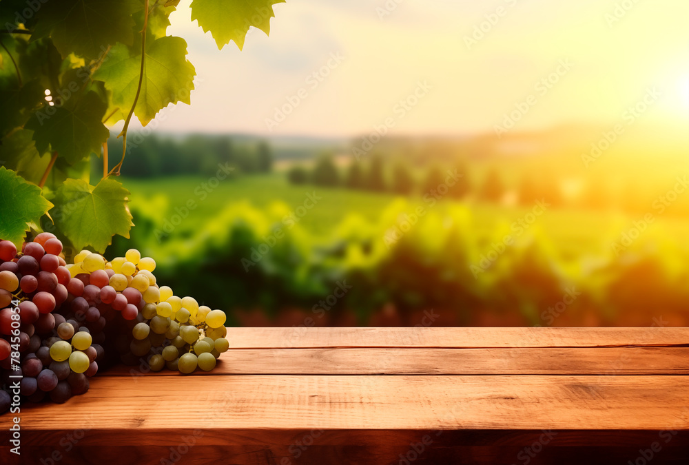 Fototapeta premium Empty wooden table, sunny vineyard background with copy space