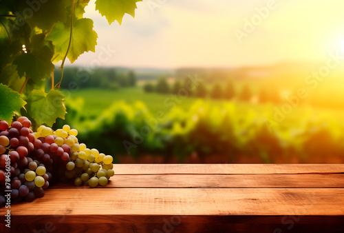 Empty wooden table, sunny vineyard background with copy space © xamtiw