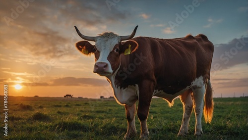 A cow eating grass at sunset