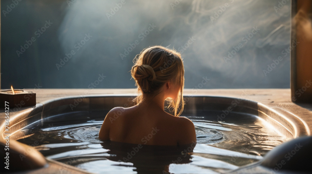Beautiful young woman relaxing in the indoor thermal bath	 - obrazy, fototapety, plakaty 