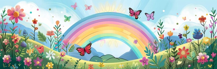 Ingelijste posters Regenboog Serene weide met regenbogen en vlinders  © Kate Mova