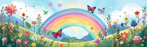 banner bright and serene landscape with rainbows, flowers and butterflies photo