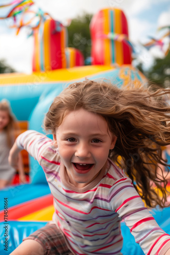 Happy little girl enjoying fun on birthday party bouncy castle with other kids in background.