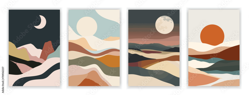 Set of 4 Contemporary Aesthetic Landscapes with Sunrise, Abstract Earth Tones and Pastel Colors