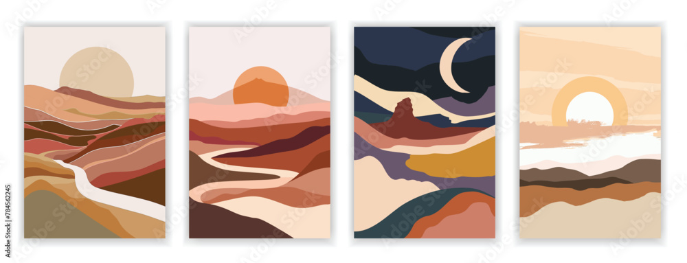 Set of 4 Contemporary Aesthetic Landscapes with Sunrise, Abstract Earth Tones and Pastel Colors