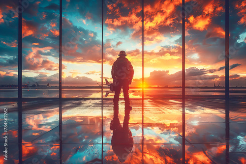 Traveler at airport during sunset