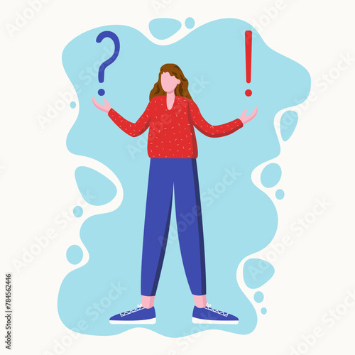 Modern woman in bright clothes and long hair. Question and exclamation marks. Young thinking man, girl. Problem and solution concept. Question and answer. Dilemma and understanding.