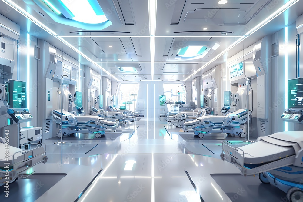 Obraz premium Healthcare systems powered by green AI technologies, midshot, clean energypowered data analysis