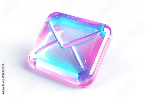 Liquid holographic email icon, 3D render, luminescent texture, on a pure white backdrop