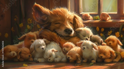 Craft a charming scene of a pet offering hugs to everyone it meets