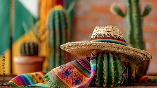 Vibrant Mexican sombrero and colorful serape on cactus