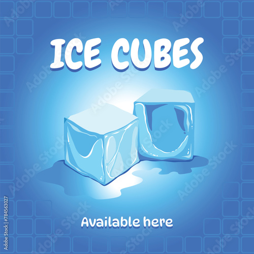 Ice cubes available here. Graphic design sell banner poster vector illustration isolated on square blue colored background.