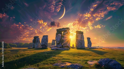 Mystical sunset at ancient stone circle with crescent moon