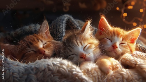 Craft a heartwarming scene of a pet and its littermates sleeping together in a cozy bed photo