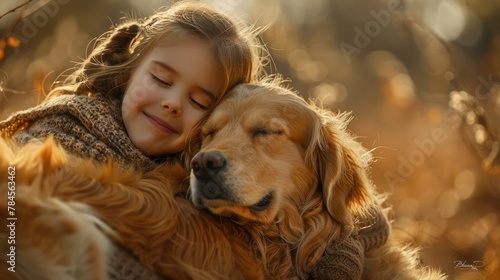 Craft a heartwarming scene of a pet receiving a hug from a child