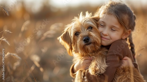 Craft a heartwarming scene of a pet receiving a hug from a child