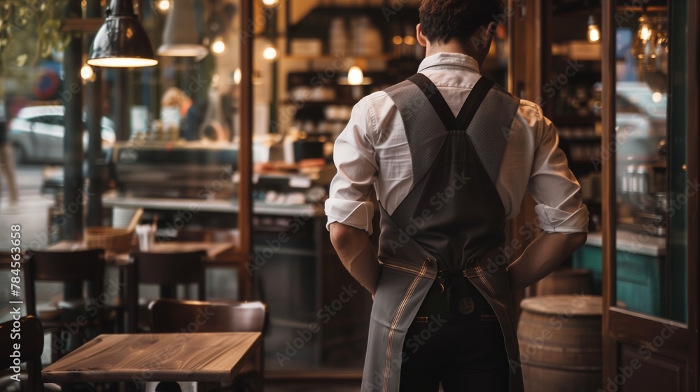 Man in formal wear and apron stands in front of restaurant