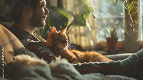 Craft a heartwarming scene of an indoor pet and its owner sharing a quiet moment