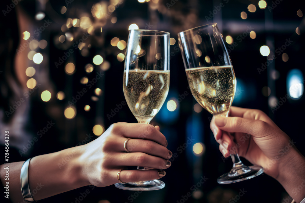 Two hands toasting with champagne glasses against a backdrop of soft, festive bokeh lights, celebrating a special moment