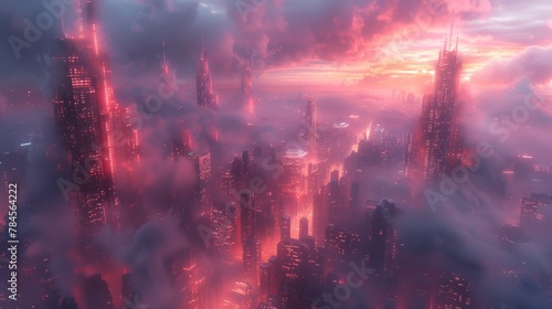 an aerial view of a futuristic city with a sunset in the background