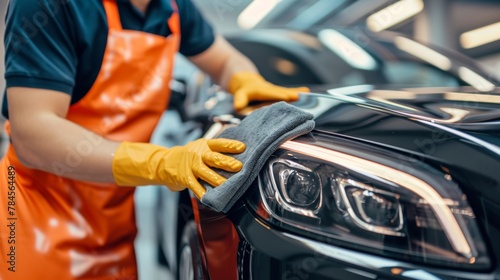 A man cleaning black car with microfiber cloth, car detailing concept. Selective focus